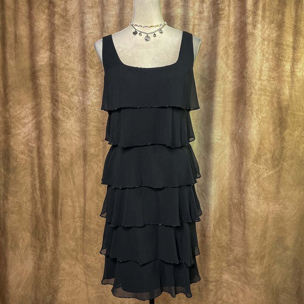 Vintage Tiered Midi Dress 90s Beaded Black Layered Chiffon Party Goth Gatsby